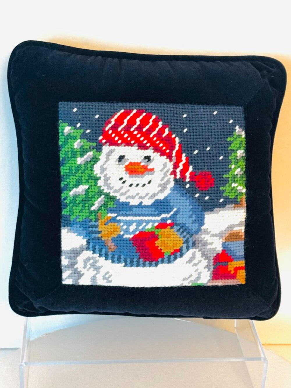 Snowman Needlepoint Square Pillow 9.5" Black Velvet Decorative Winter